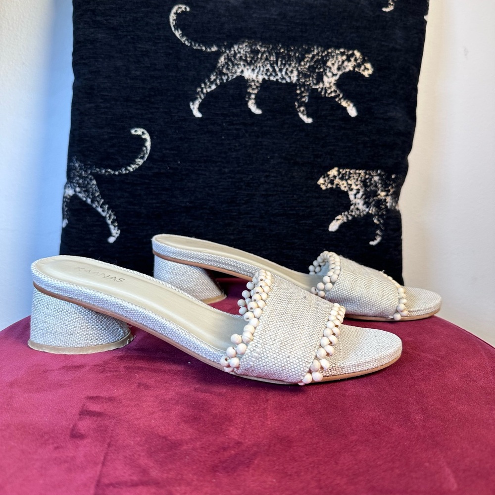 Kaanas Cairo Asymmetric Linen Heel in Oat kitten heel beaded canvas sandal